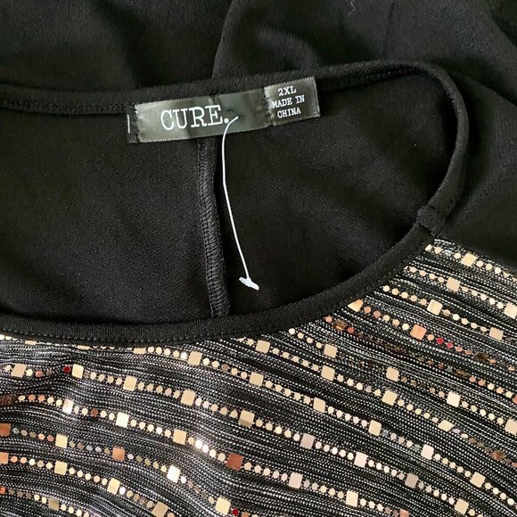 Cure. Black Sequin Top With 3/4 Sleeves Rayon Spandex Blend Women's 2XL NEW - Picture 10 of 12